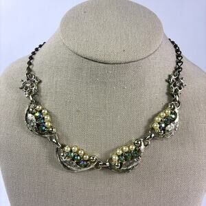 Vintage Rhinestone Necklace Gold Tone Faux Pearl 16"